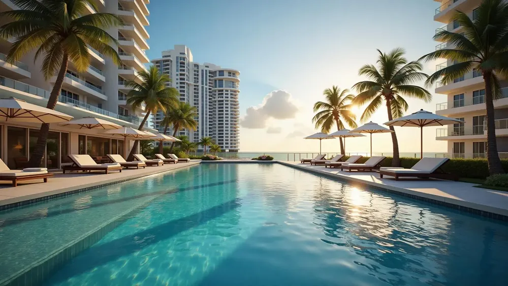 Professional pool cleaning service in Miami - crystal clear blue swimming pool with modern deck design and tropical landscaping showcasing Blueviel's premium pool maintenance services