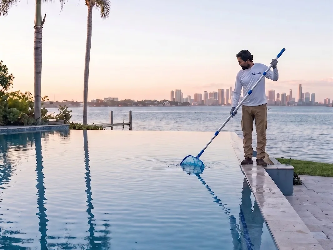 Blueviel technician skimming a Miami Beach infinity pool at sunset with the Miami skyline in the background